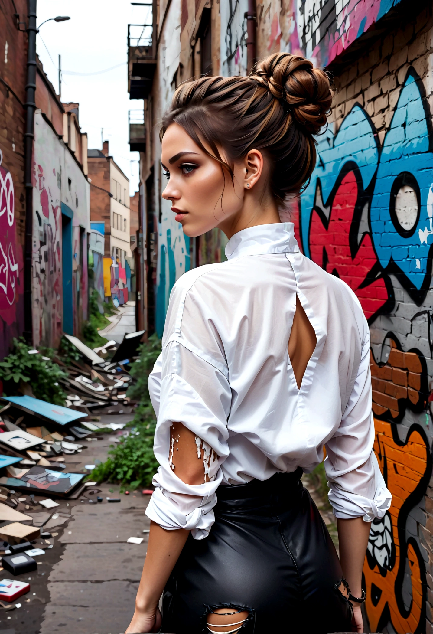 photo, (torn, ripped, White shirt), street, (22 year old girl), (Back View),(Elegant chignon),(apocalyptic wasteland), (Leaning against a graffiti-covered wall, looking cool and urban in a street style pose.)