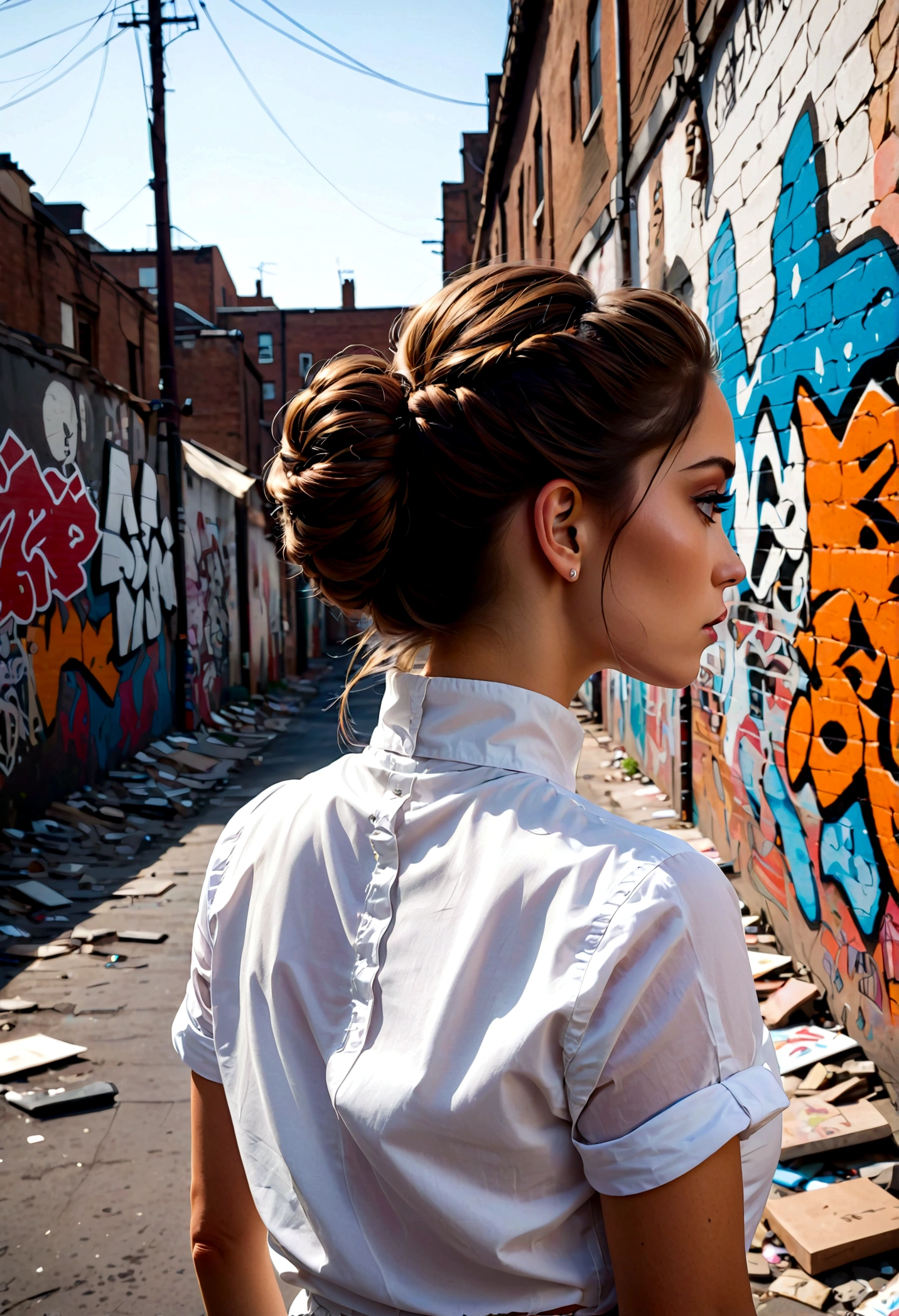 photo, (torn, ripped, White shirt), street, (22 year old girl), (Back View),(Elegant chignon),(apocalyptic wasteland), (Leaning against a graffiti-covered wall, looking cool and urban in a street style pose.)