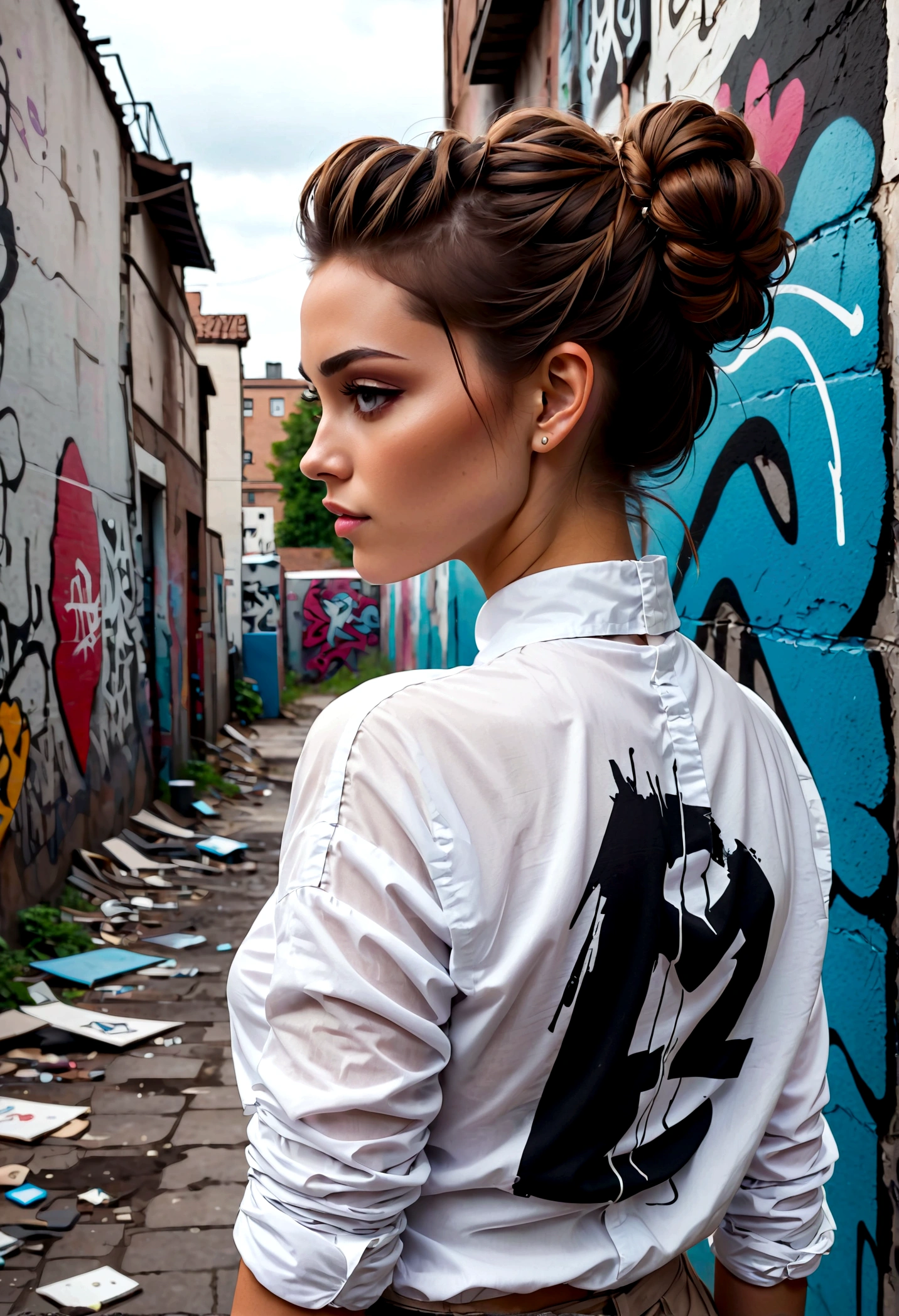 photo, (torn, ripped, White shirt), street, (22 year old girl), (Back View),(Elegant chignon),(apocalyptic wasteland), (Leaning against a graffiti-covered wall, looking cool and urban in a street style pose.)