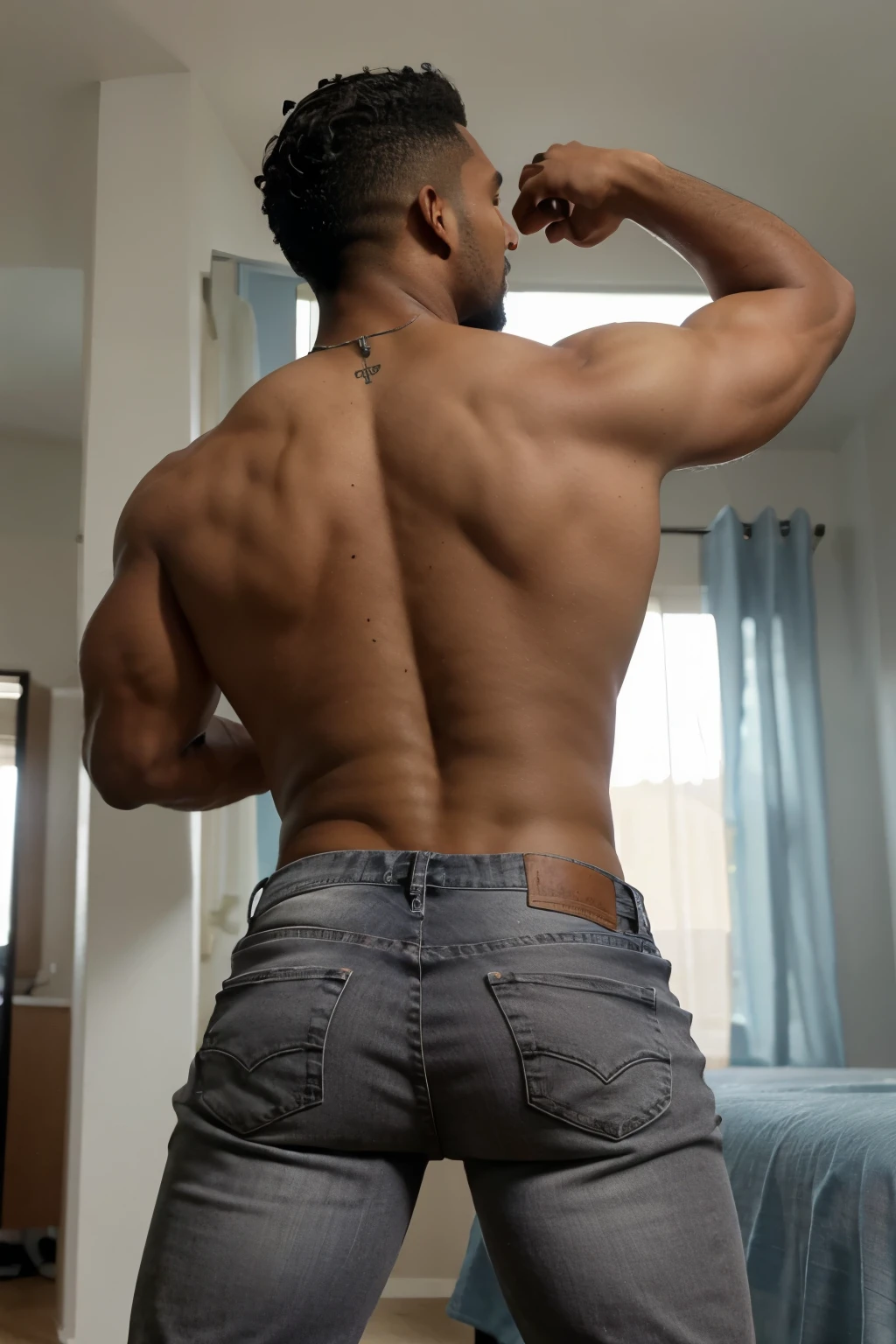 jogador de futebol, homem negro, very handsome, cabelos brancos, muscular, full body, gray jeans (((backside)))