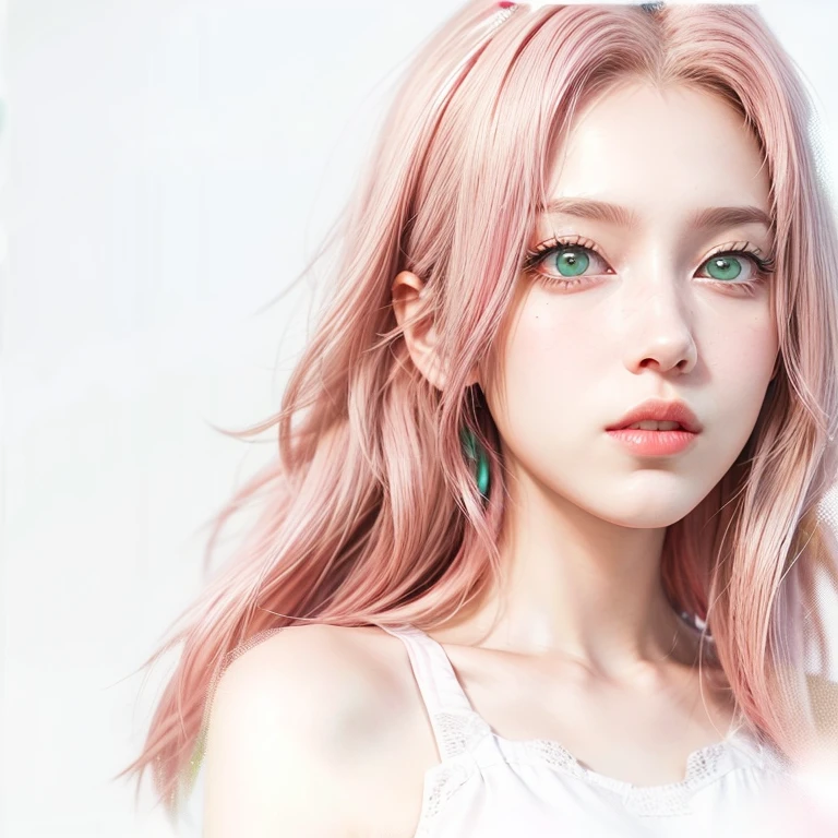 young woman, short shoulder-length pink hair, wide forehead, porcelain skin, pink eyebrows, big emerald green eyes, buttoned nose, full lips, heart-shaped face, slender body, small breasts, red tank top, Sakura Haruno , realistic, realism, details, 3d, well detailed