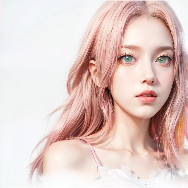 young woman, short shoulder-length pink hair, wide forehead, porcelain skin, pink eyebrows, big emerald green eyes, buttoned nose, full lips, heart-shaped face, slender body, small breasts, red tank top, Sakura Haruno , realistic, realism, details, 3d, well detailed