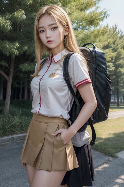 1 girl và 1 chàng trai; Photorealistic, High resolution; 1 girl và 1 chàng trai; (((1 girl: Blonde, Koreans, 18 years old, Brown eyes, wearing a Chinese high school uniform, pretty, cute, cao 1m60, ngực to, short skirt to 1/2 thighs ((super detailed)), wear backpack)); ((1 guy: black hair, Chinese people, 18 years old, tall, burly, muscle ((super detailed)), cao 180cm, Handsome, wear backpack, turn sideways, wearing a Chinese high , Take the bike next to the girl))); Scenery on the way to school ((green trees, car, other students)); ((The girl standing next to the boy, Boy hugs girl&#39;s waist, Boy kisses girl, chàng trai cười dịu dàng, The girl smiled gently))