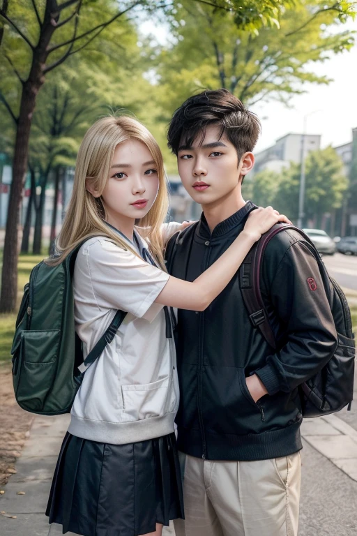 1 girl và 1 chàng trai; Photorealistic, High resolution; 1 girl và 1 chàng trai; (((1 girl: Blonde, Koreans, 18 years old, Brown eyes, wearing a Chinese high school uniform, pretty, cute, cao 1m60, ngực to, short skirt to 1/2 thighs ((super detailed)), wear backpack)); ((1 guy: black hair, Chinese people, 18 years old, tall, burly, muscle ((super detailed)), cao 180cm, Handsome, wear backpack, turn sideways, wearing a Chinese high , Take the bike next to the girl))); Scenery on the way to school ((green trees, car, other students)); ((The girl standing next to the boy, Boy hugs girl's waist, Boy kisses girl, chàng trai cười dịu dàng, The girl smiled gently))