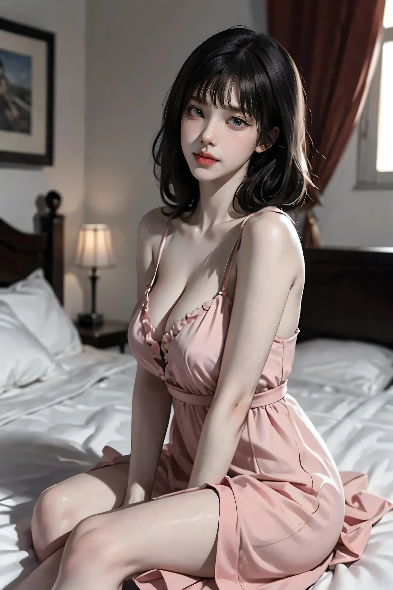 (Browsing Caution:0.9) ,black hair, Straight hair, bangs, Multicolor, beautiful, beautiful woman, Perfect body, Perfect breasts, wearing sexy Nightgown, Nightgown,  doll, in bed, bedroom, bed, sitting on sleeping bed, Looking at the audience, Smiling a little, realism, masterpiece, Textured Leather, Super detailed, High detail, high quality, 最high quality, 1080p, 16k,Grey Eyes, Big Breasts,