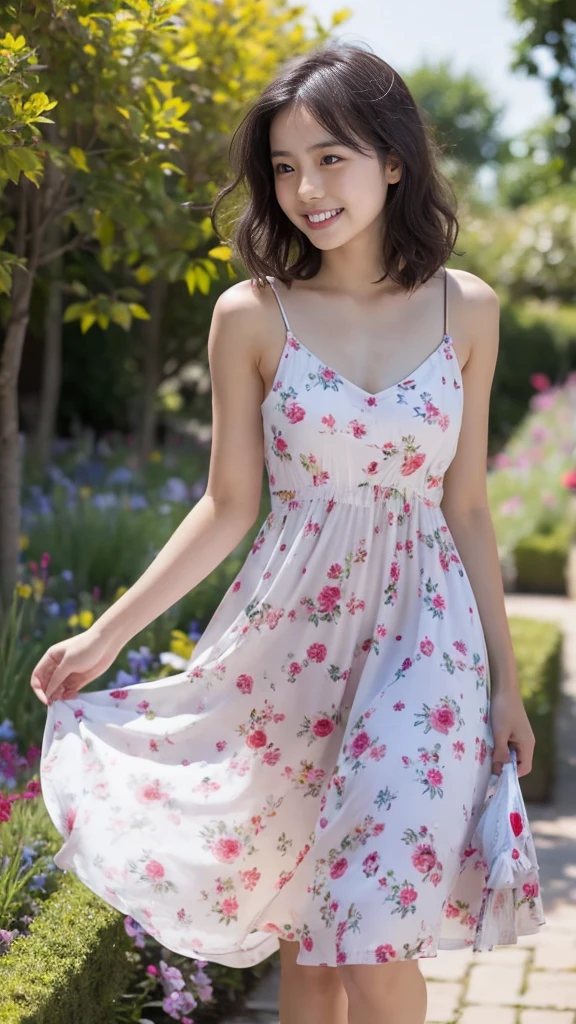 masterpiece, highest quality, disorganized, perfect anatomy, 1 girl, alone, pascal tales, short hair, beautiful, Hilarious, sunny day, botanical garden, Summer winds, sundress, Floral, wavy hair, smile