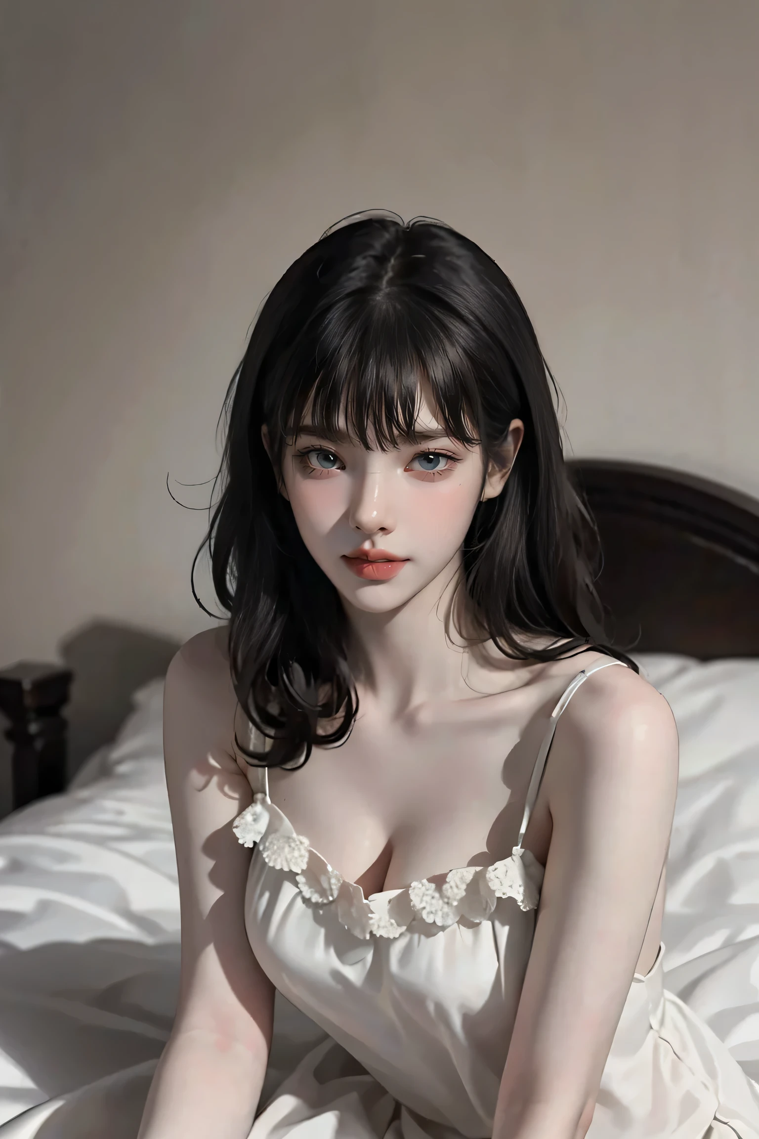 (Browsing Caution:0.9) ,black hair, Straight hair, bangs, Multicolor, beautiful, beautiful woman, Perfect body, Perfect breasts, wearing sexy Nightgown, Nightgown, baby doll, in bed, bedroom, bed, sitting on sleeping bed, Looking at the audience, Smiling a little, realism, masterpiece, Textured Leather, Super detailed, High detail, high quality, 最high quality, 1080p, 16k,Grey Eyes, Big Breasts,