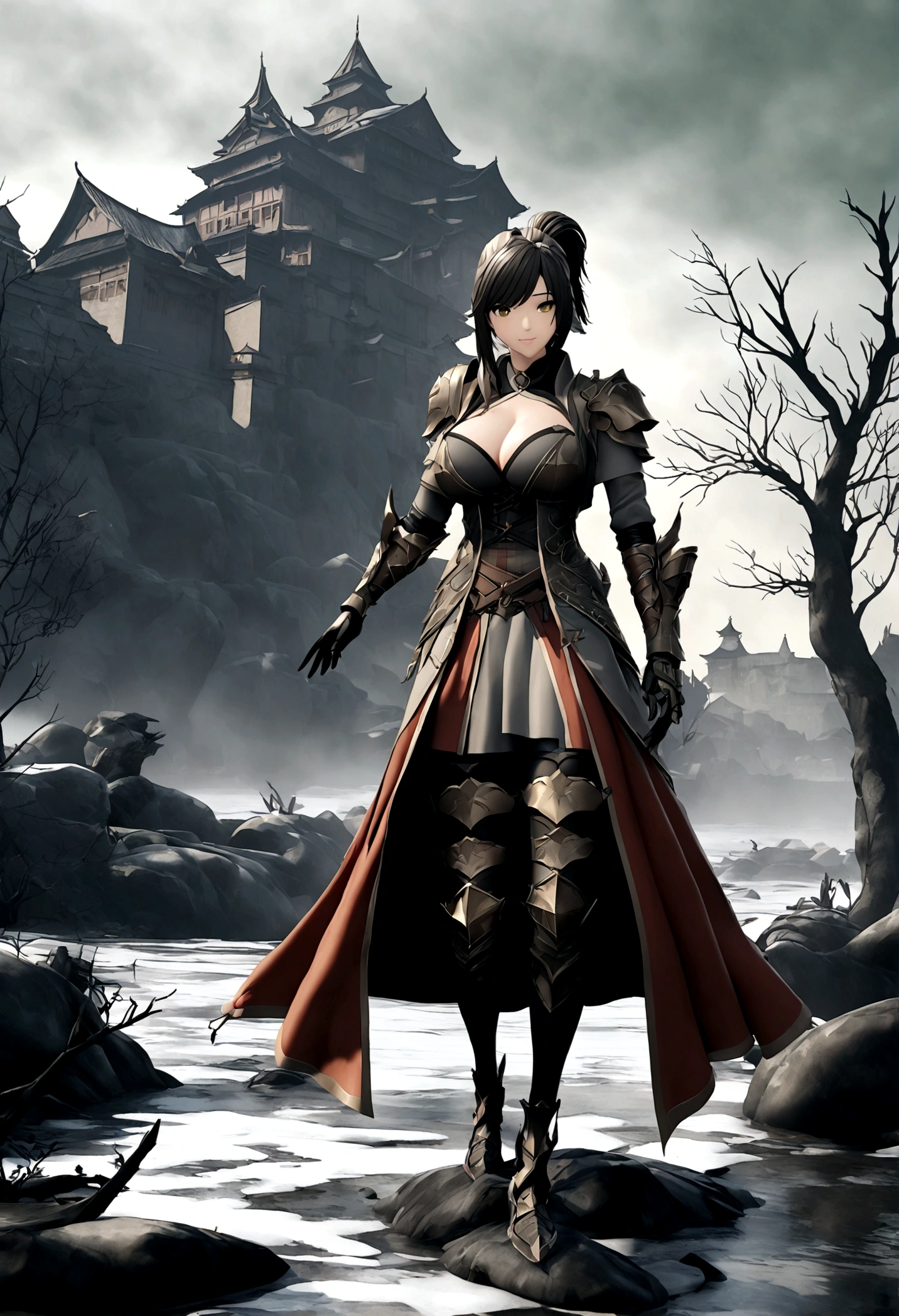 game art，Best picture quality，highest resolution，8ก，(photoถ่ายหน้าอก)，(bust portrait:1.5)，(head close up)，(Third rule)，Unreal Engine 5 rendering works， (Future girl)，(female warrior)， 
20 year old girl，(warrior in ancient china)，(short ponytail hairstyle)，Eyes full of details，(big breasts)，elegant and noble，indifferent，(smile)，
(Chinese swordsman&#39;s attire，Costumes of ancient Chinese characters，armor，The costume is red and gold.，armorหนัก，Joint armor)，(Hanfu China:1.3)，photo，Fantasy style，
โพสท่าถ่ายphoto，forest background，movie lights，Ray tracing，CG game，((Real 3D engine))，photoแบบการเรนเดอร์ OC