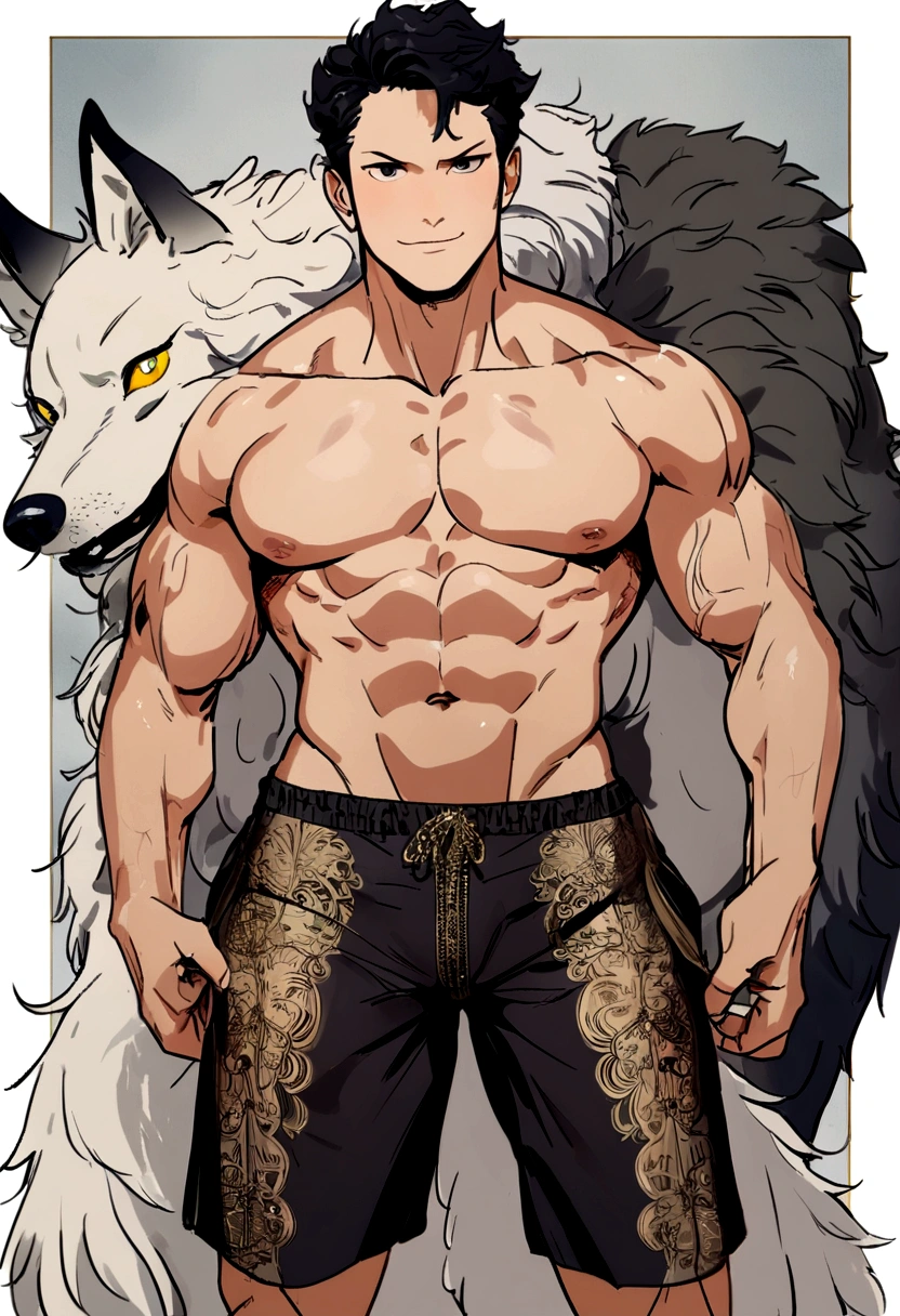 ((by Bebebebebe, by Zackary911, by Kiyosan, by Wfa, best quality, masterpiece, perfect anatomy, detailed picture)), 1male, Wolf, light grey furs, muscular, veiny muscles, shirtless, shorts, bulge, yellow sclera, black eyes, white background, looking at the viewer, smirk, standing 