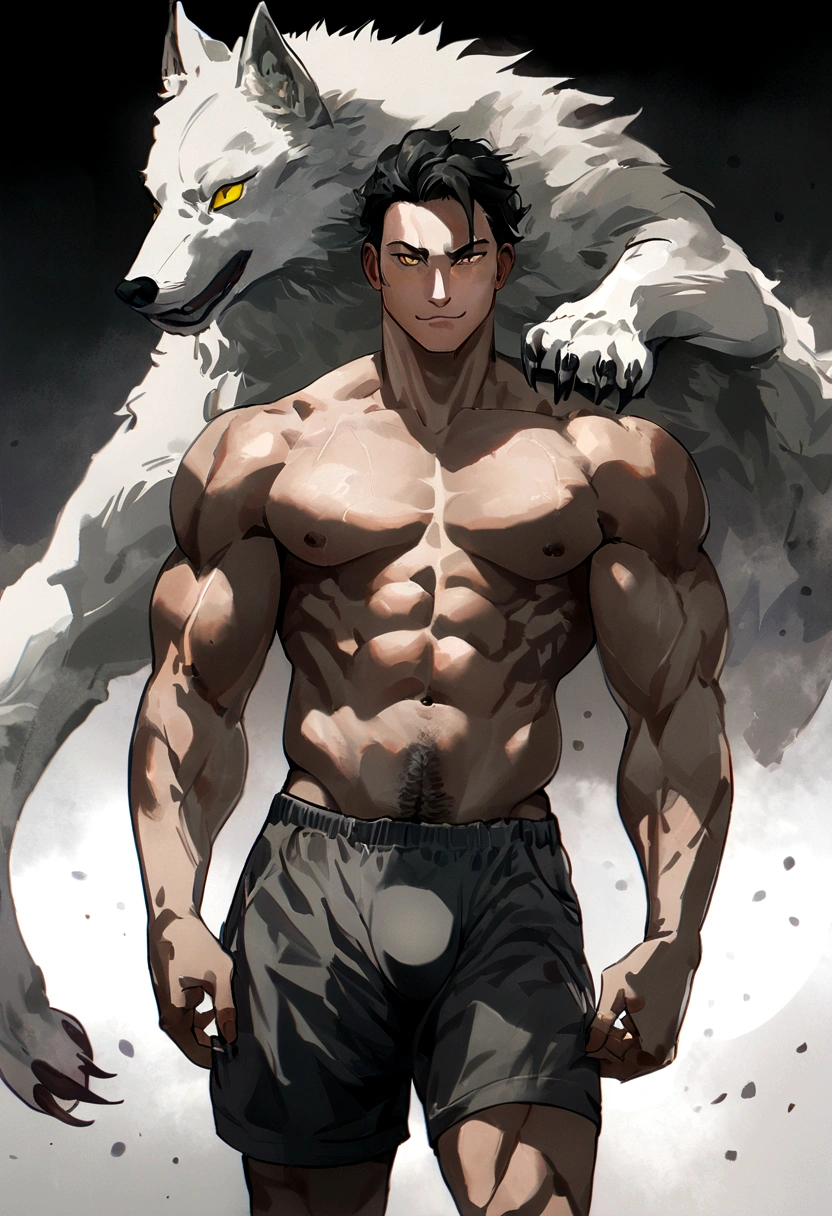 ((by Bebebebebe, by Zackary911, by Kiyosan, by Wfa, best quality, masterpiece, perfect anatomy, detailed picture)), 1male, Wolf, light grey furs, muscular, veiny muscles, shirtless, shorts, bulge, yellow sclera, black eyes, white background, looking at the viewer, smirk, standing 