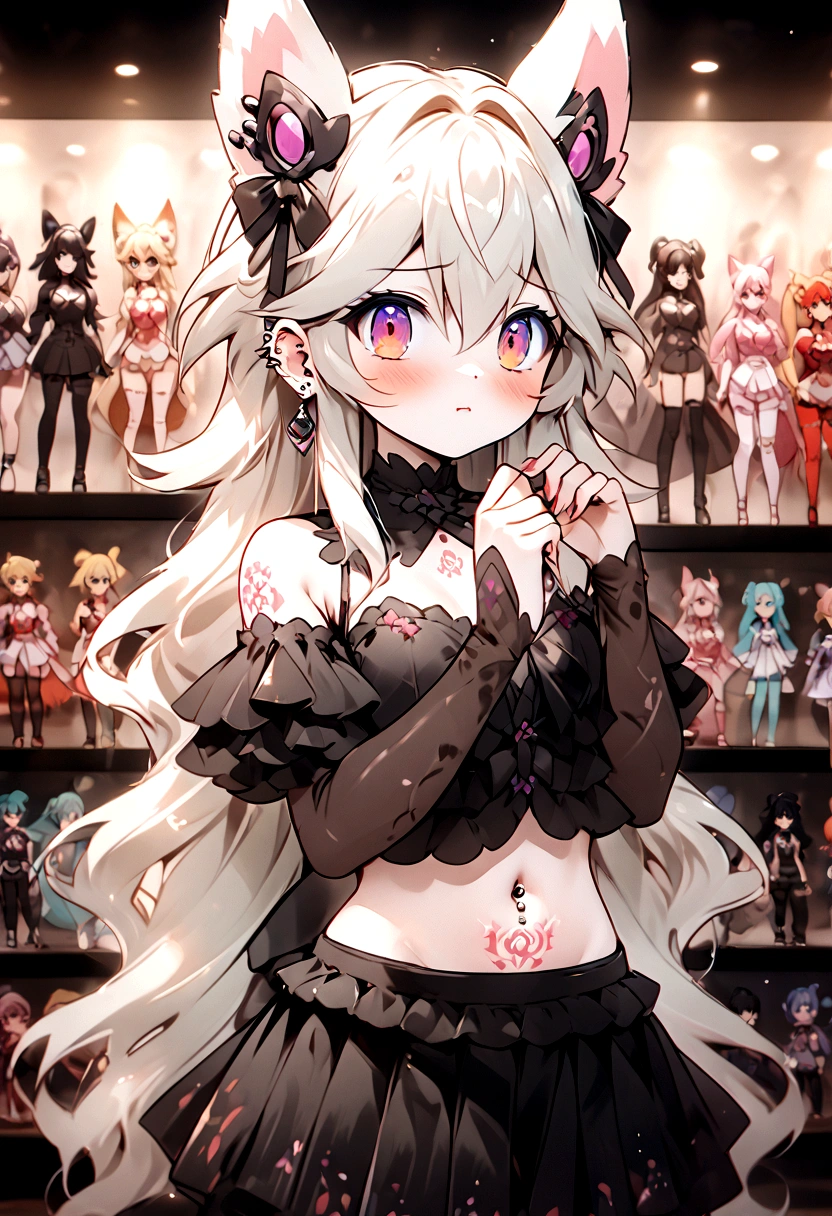 Chica anime, anime style, cute hatsune miku x suicune, shy girl , Orejas de Kitsune, arte de dark natasha, autum forest landscape, arte de vixen aztra, cuerpo completo, patas hermosas, cintura delgada, caderas amplias, piernas torneadas, hermosa, foto de cuerpo completo, sensual navel blouse, black skirt, navel piercing, ear piercing, navel tattoo, shy pose, back pose, hands up,  black body, beatifull and detailed hands, kimono, 