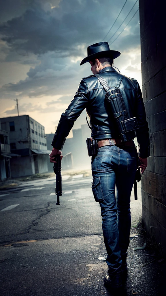 a cool spy holding a gun, back view, abandoned building, looking back, alert, portrait, cowboy shot, extremely detailed, high quality, photorealistic, dramatic lighting, strong shadows, moody atmosphere, muted color palette, gritty, cinematic, tense, action, adventure