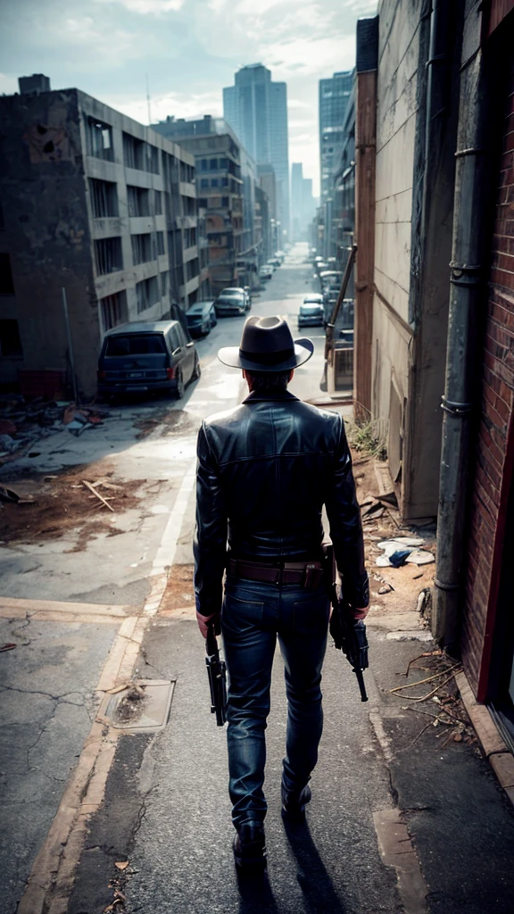 a cool spy holding a gun, back view, abandoned building, looking back, alert, portrait, cowboy shot, extremely detailed, high quality, photorealistic, dramatic lighting, strong shadows, moody atmosphere, muted color palette, gritty, cinematic, tense, action, adventure
