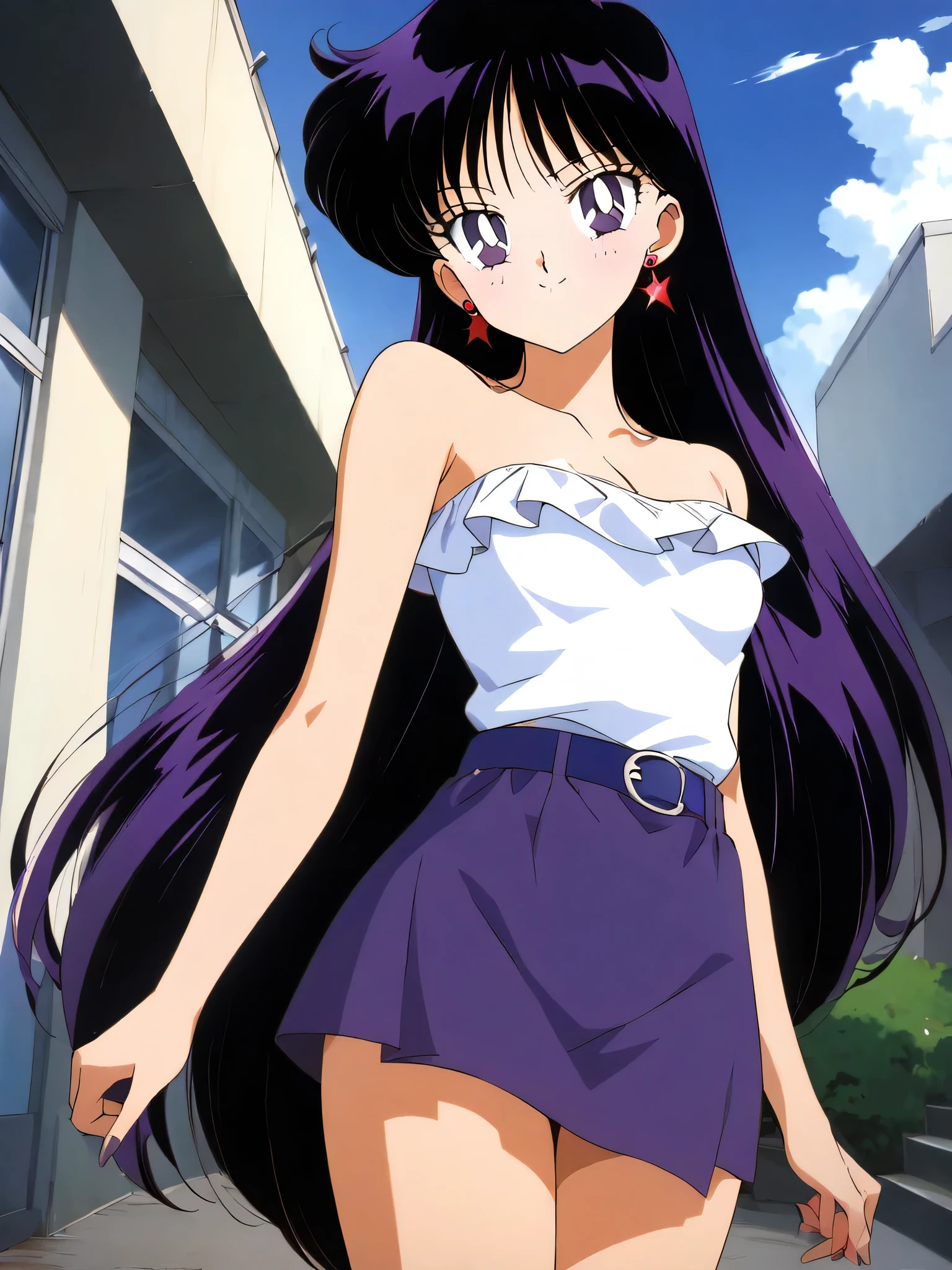 aamars, very long hair, black hair, parted bangs, purple eyes, 1990s \(style\), 1 girl, solo, Best quality, masterpiece, High Definition, earrings, strapless white ruffle off the shoulders top, white tank top, cleavage, blue belt, purple pencil skirt, small breasts, sky, clouds, high school building, smile, looking at viewer, cowboy shot,