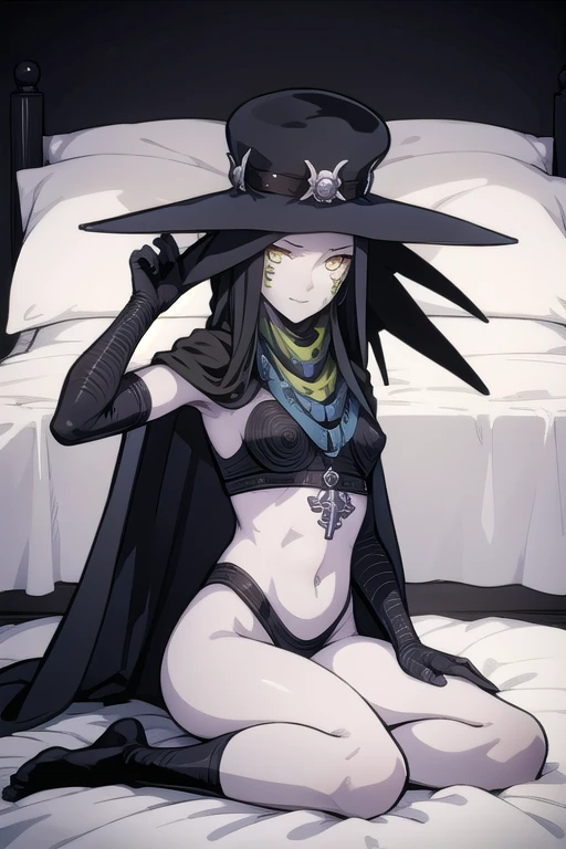 Masterpiece, best quality, Scathach, solo, female1, shin megami tensei, cape hat, cape, flower tattoo, gloves, white skin, (yellow eyes 1.1), flowing, sitting, shirt, smile, bed, bedroom, 