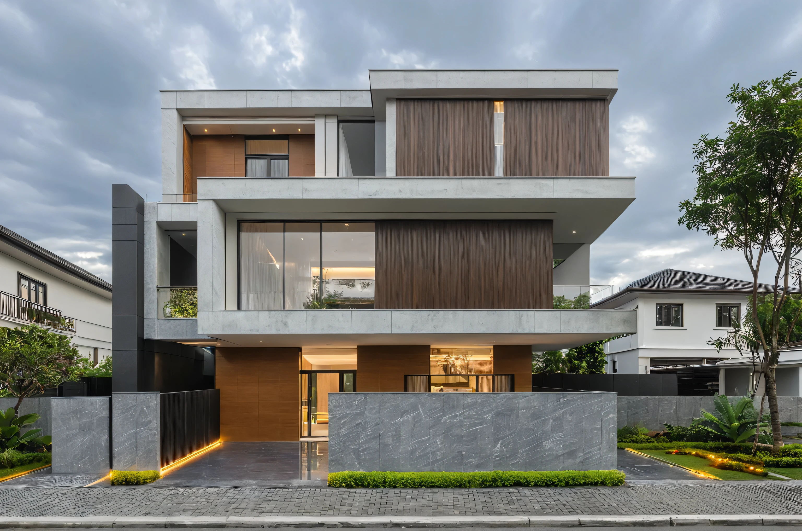 modern villa on street, (overcast lighting:1.2), tropical tree, vivid color, streetcapes, nice sky, grey and white tone, (large glass door:1.2), warm interior lighting, modern material, best quality, ultra realistic, masterpiece, 17ArchiAI_XL_VL-v1