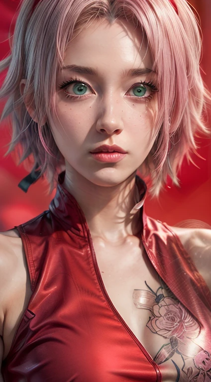 young woman, short shoulder-length pink hair, wide forehead, porcelain skin, pink eyebrows, big emerald green eyes, buttoned nose, full lips, heart-shaped face, slender body, small breasts, red tank top, Sakura Haruno , realistic, realism, details, 3d, well detailed