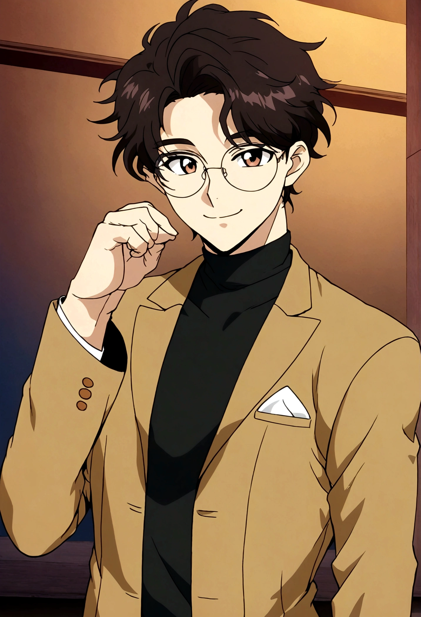 draw this in anime artstyle. draw a handsome 18 years old guy,he wears maroon turtle neck and cover with black vest and then covered again with brown suit. he wears round glasses,looking hot,his hand is towards the camera like asking to hold his hand. he smiles slightly,his hair is like korean guy style and brown.