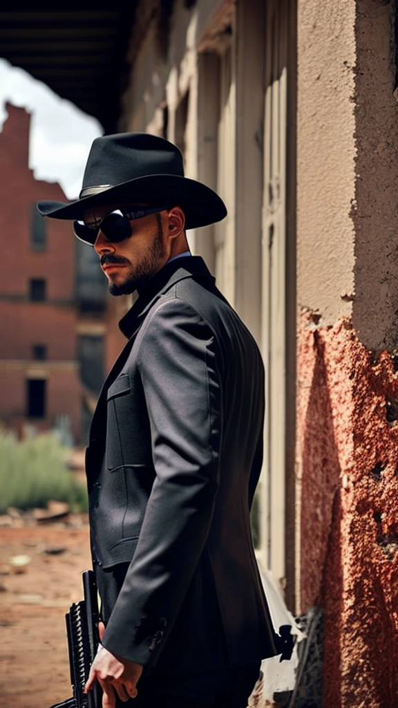 a cool spy holding a gun, standing in front of a dilapidated building, looking back and being vigilant, portrait, cowboy shot, detailed face, detailed eyes, detailed lips, highly detailed, photorealistic, cinematic lighting, dramatic shadows, muted color palette, moody atmosphere, intricate details, hyper-realistic, masterpiece, 8k, best quality