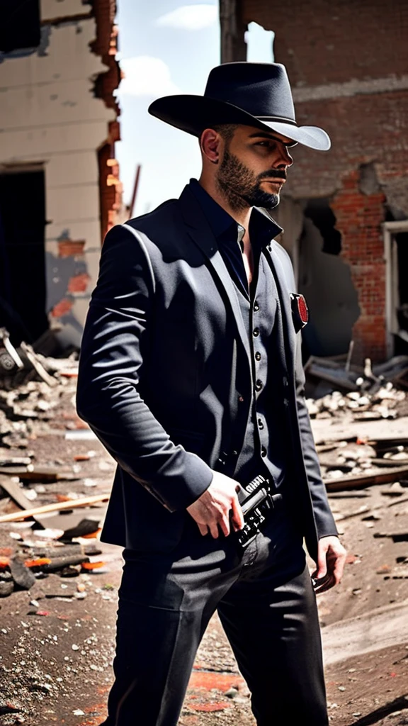 a cool spy holding a gun, standing in front of a dilapidated building, looking back and being vigilant, portrait, cowboy shot, detailed face, detailed eyes, detailed lips, highly detailed, photorealistic, cinematic lighting, dramatic shadows, muted color palette, moody atmosphere, intricate details, hyper-realistic, masterpiece, 8k, best quality