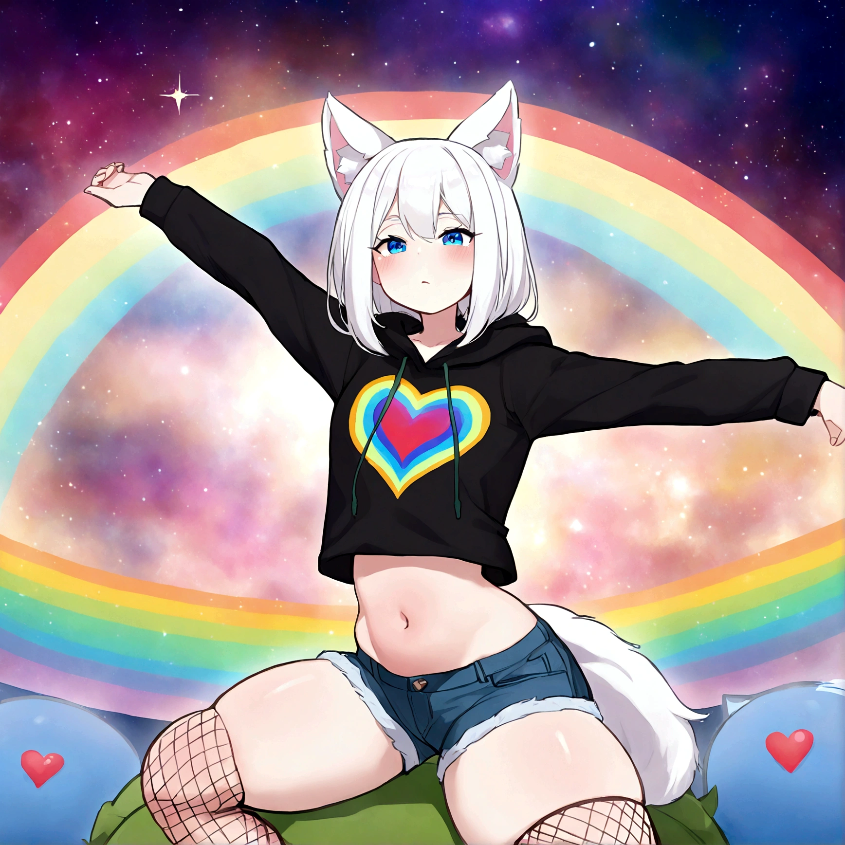 a cute adult male with wolf ears, white hair, has a wolf tail, wearing a loose cropped oversized black hoodie, wearing a pair of denim short shorts and fishnet stockings, thick thighs, wide hips, relaxing on mound of fluffy multi colored kawaii plushies, short, very slim, showing slender tummy, stretching out, heart on hoodie, squishy thighs, has glowing blue eyes. alone, solo (ALONE)(SOLO), surrounded by rainbows, colorful galaxy backround