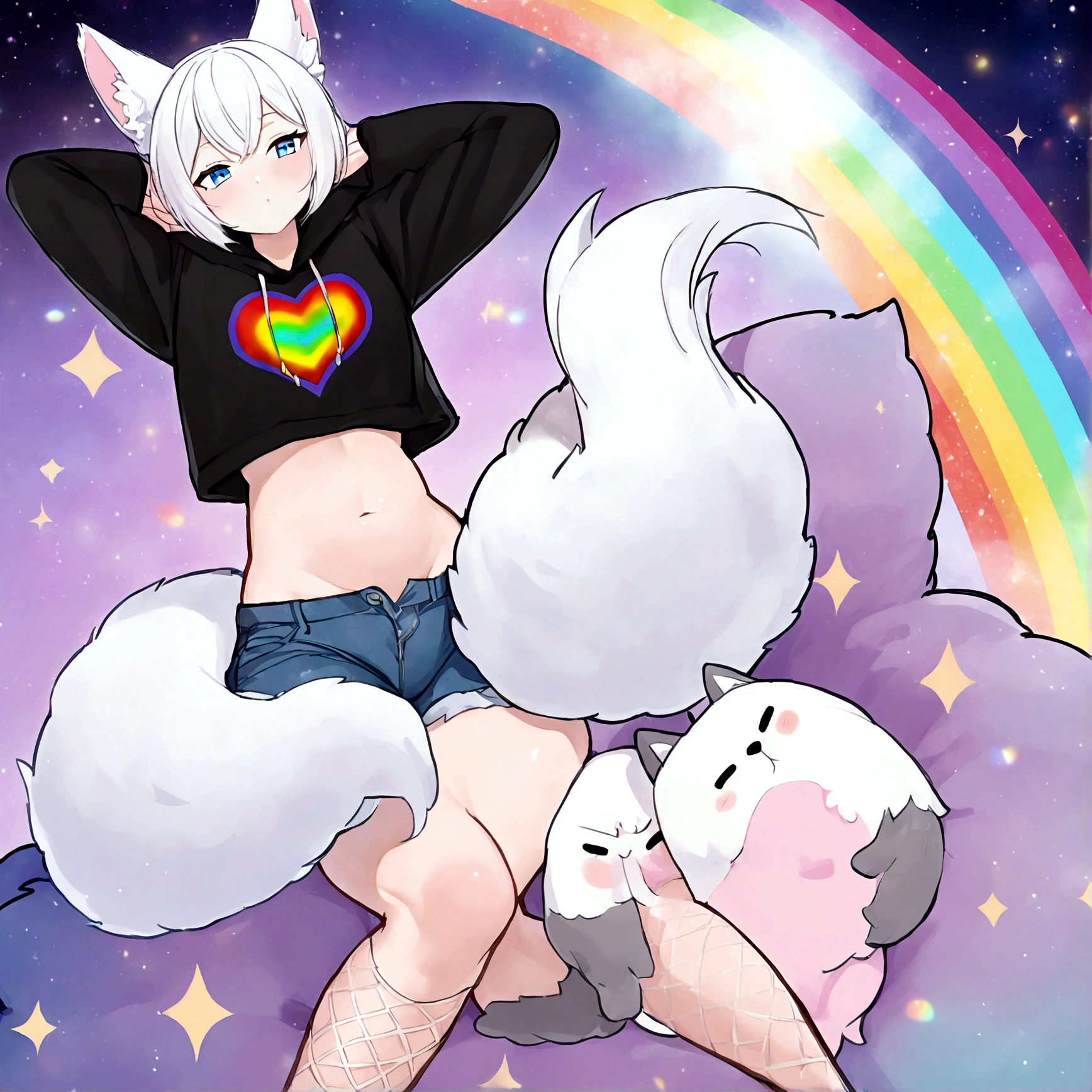 a cute adult male with wolf ears, white hair, has a wolf tail, wearing a loose cropped oversized black hoodie, wearing a pair of denim short shorts and fishnet stockings, thick thighs, wide hips, relaxing on mound of fluffy multi colored kawaii plushies, short, very slim, showing slender tummy, stretching out, heart on hoodie, squishy thighs, has glowing blue eyes. alone, solo (ALONE)(SOLO), surrounded by rainbows, colorful galaxy backround