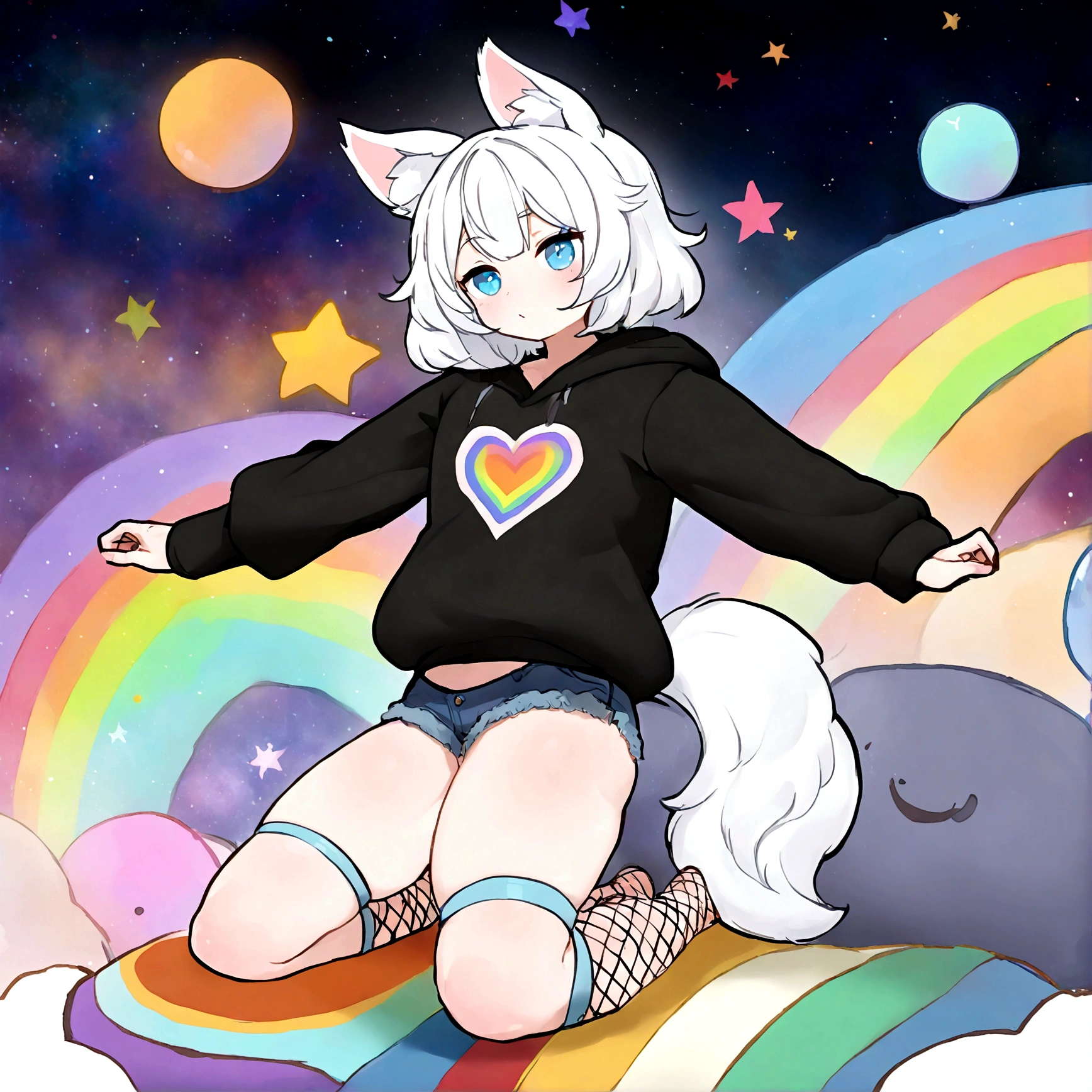 a cute adult male with wolf ears, white hair, has a wolf tail, wearing a loose cropped oversized black hoodie, wearing a pair of denim short shorts and fishnet stockings, thick thighs, wide hips, relaxing on mound of fluffy multi colored kawaii plushies, short, very slim, showing slender tummy, stretching out, heart on hoodie, squishy thighs, has glowing blue eyes. alone, solo (ALONE)(SOLO), surrounded by rainbows, colorful galaxy backround