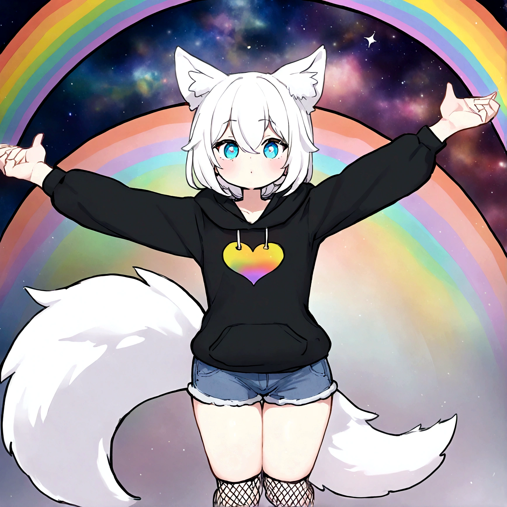 a cute adult male with wolf ears, white hair, has a wolf tail, wearing a loose cropped oversized black hoodie, wearing a pair of denim short shorts and fishnet stockings, thick thighs, wide hips, relaxing on mound of fluffy multi colored kawaii plushies, short, very slim, showing slender tummy, stretching out, heart on hoodie, squishy thighs, has glowing blue eyes. alone, solo (ALONE)(SOLO), surrounded by rainbows, colorful galaxy backround