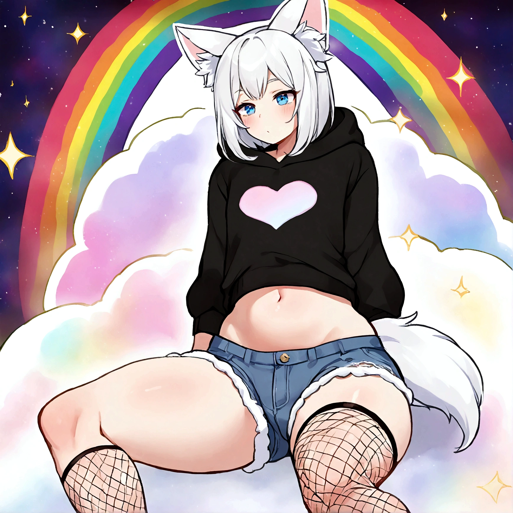a cute adult male with wolf ears, white hair, has a wolf tail, wearing a loose cropped oversized black hoodie, wearing a pair of denim short shorts and fishnet stockings, thick thighs, wide hips, relaxing on mound of fluffy multi colored kawaii plushies, short, very slim, showing slender tummy, stretching out, heart on hoodie, squishy thighs, has glowing blue eyes. alone, solo (ALONE)(SOLO), surrounded by rainbows, colorful galaxy backround