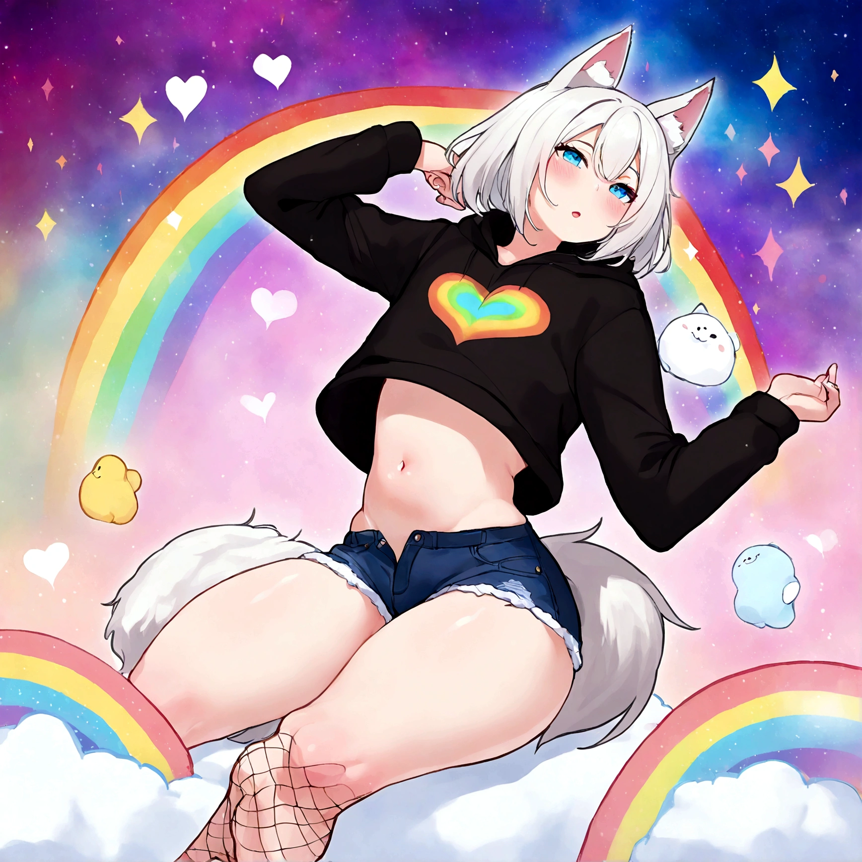 a cute adult male with wolf ears, white hair, has a wolf tail, wearing a loose cropped oversized black hoodie, wearing a pair of denim short shorts and fishnet stockings, thick thighs, wide hips, relaxing on mound of fluffy multi colored kawaii plushies, short, very slim, showing slender tummy, stretching out, heart on hoodie, squishy thighs, has glowing blue eyes. alone, solo (ALONE)(SOLO), surrounded by rainbows, colorful galaxy backround