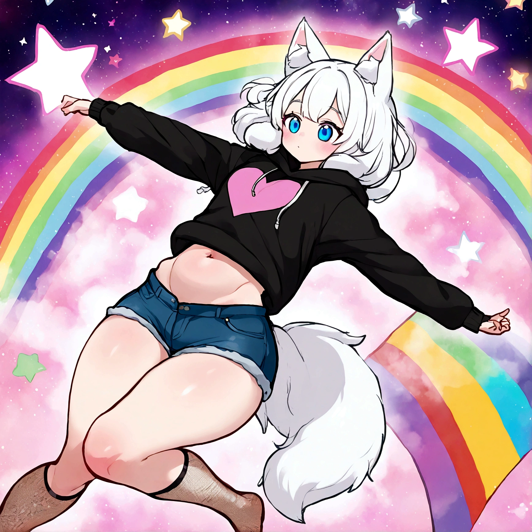 a cute adult male with wolf ears, white hair, has a wolf tail, wearing a loose cropped oversized black hoodie, wearing a pair of denim short shorts and fishnet stockings, thick thighs, wide hips, relaxing on mound of fluffy multi colored kawaii plushies, short, very slim, showing slender tummy, stretching out, heart on hoodie, squishy thighs, has glowing blue eyes. alone, solo (ALONE)(SOLO), surrounded by rainbows, colorful galaxy backround