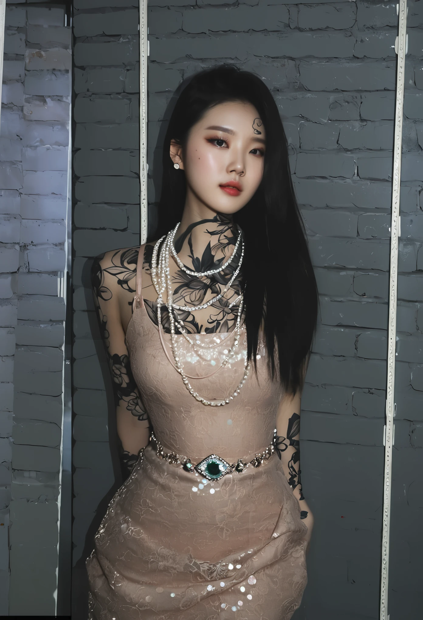 Gentle and charming Chinese beautiful woman, half-length photo, delicate and sexy collarbone, charming oval face, double eyelids, vivid peach blossom eyes, pink lips, small nose, bare shoulders, focused face, face close-up, ultra-high-definition, Super details, elegant standing posture, Korean style puff sleeve square collar slim short shirt, matched with high waist light-colored jeans suit