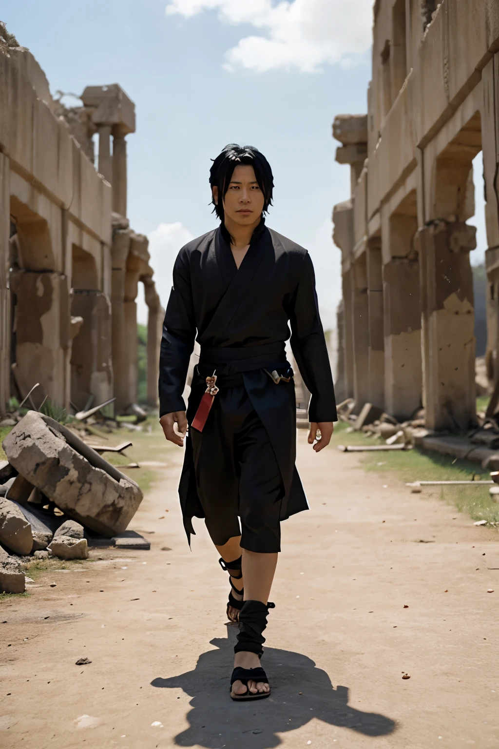 Generates an image of Sasuke walking in the ruins of an ancient civilization that found a weak point in the otsusuki and at that moment is detected by CODE