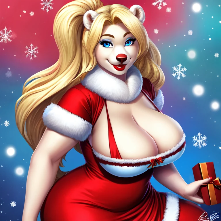 Blonde polar bear woman, wearing a backless Santa dress, perfect face, blue eyes, big breasts, cleavage, big butt, red lipstick, solo, smile, perfect detailed body,