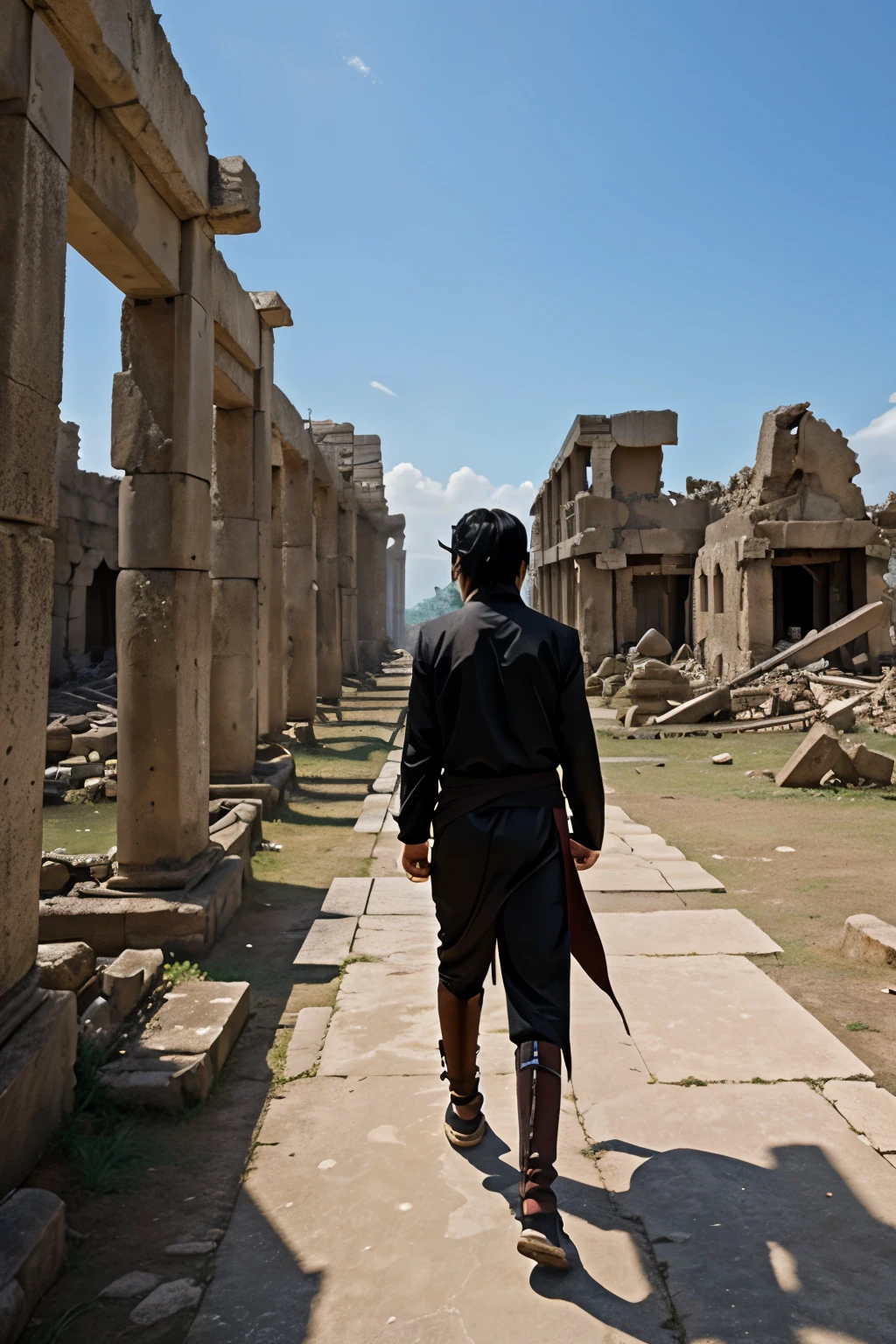 Generates an image of Sasuke walking in the ruins of an ancient civilization that found a weak point in the otsusuki and at that moment is detected by CODE