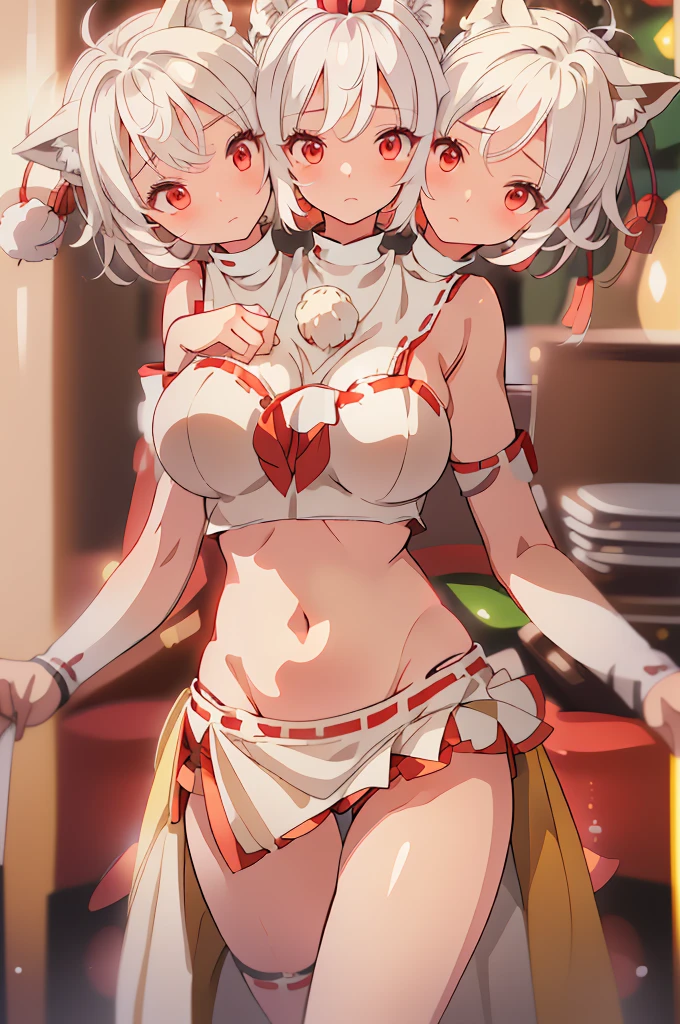 (masterpiece, best quality), best quality, (ultra-detailed), (3heads:1.5), 1girl, (inubashiri momiji:1.3), masterpiece, best quality, ultra quality, ultra resolution, ultra detail, white top, crop top, ((stomach)), midriff, ((groin)), red and black skirt, normal ears, shackles, white hair, very long hair, wavy hair, sidelocks, red eyes, parted lips, fox girl, sweat, cute, toned belly, hand on own chest, eyelashes, (24 year old woman:1.3), (masterpiece:1.5), (best quality:1.5), (beautiful detailed), extremely detailed CG, extremely delicate and beautiful, depth of field, (finely detailed face), (perfect details:1.2), (mature female:1.3), wide pelvis, slender, large veiny breast, 16k resolution, highres, high quality, high definition, extremely detailed, masterpiece, white hair, long hair, alluring presence, braid, short skirt, close up, very big tits, huge tits, young, fox ears, fox tail, girl with three heads,