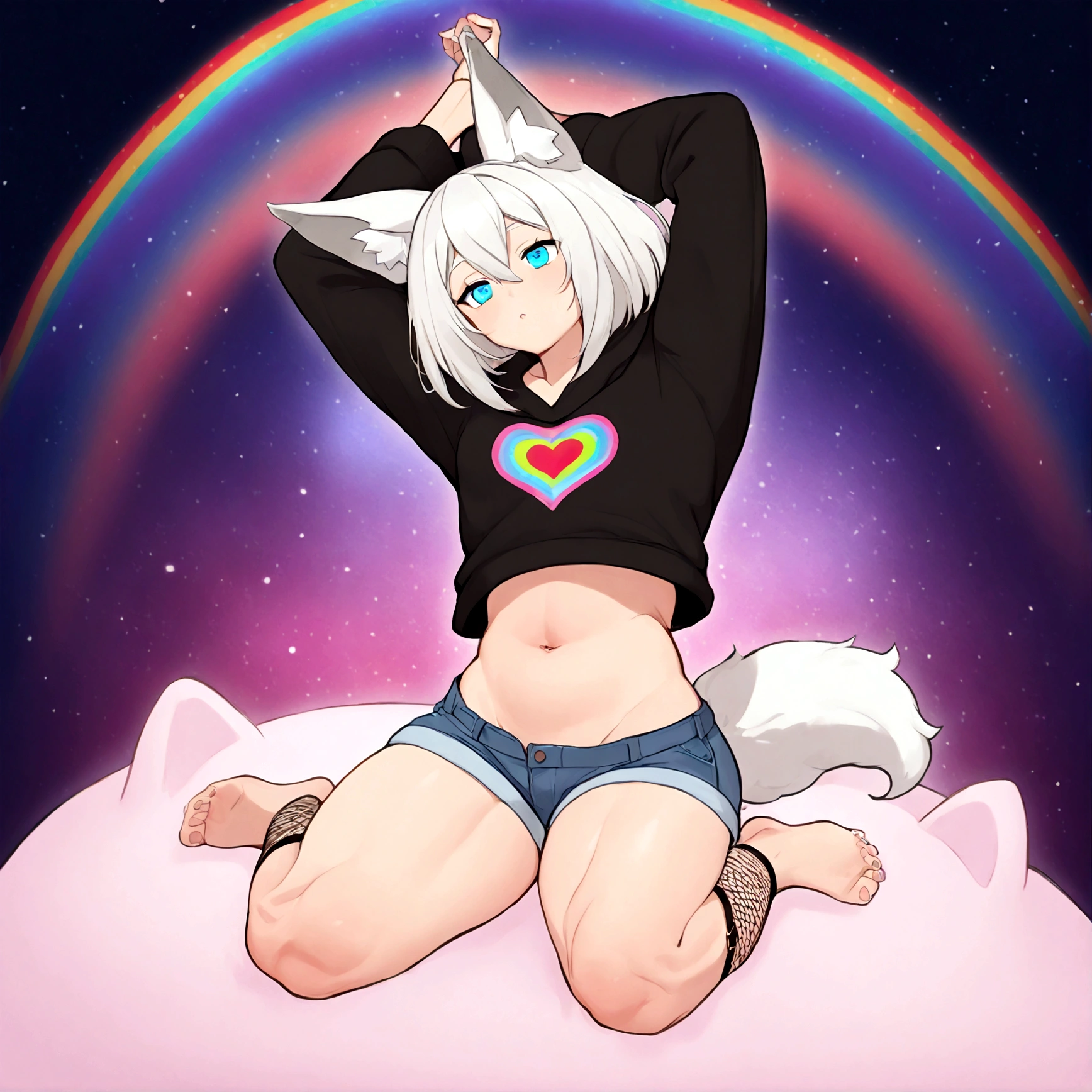 a cute adult male with wolf ears, white hair, has a wolf tail, wearing a loose cropped oversized black hoodie, wearing a pair of denim short shorts and fishnet stockings, thick thighs, wide hips, relaxing on mound of fluffy multi colored kawaii plushies, short, very slim, showing slender tummy, stretching out, heart on hoodie, squishy thighs, has glowing blue eyes. alone, solo (ALONE)(SOLO), surrounded by rainbows, colorful galaxy backround
