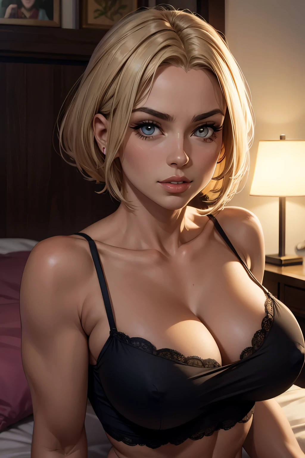 beleza, Rosto Oculto, 1 garota, beleza: 1.3, Abs delgado: 1.1, Camisole Vest, cabelo moreno longo, (sentado na cama), rosto ultra detalhado, highly detailed lips, olhos detalhados, palpebras duplas