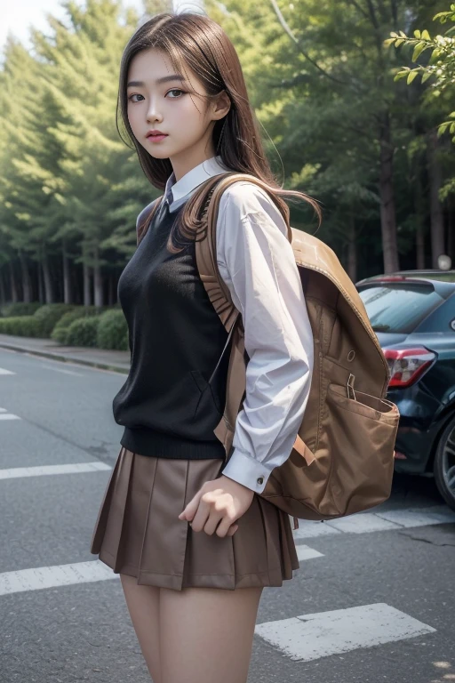 1 girl và 1 chàng trai; Photorealistic, High resolution; 1 girl và 1 chàng trai; (((1 girl: Blonde, Koreans, 18 years old, Brown eyes, wearing a Chinese high school uniform, pretty, cute, cao 1m60, ngực to, short skirt to 1/2 thighs ((super detailed)), wear backpack)); ((1 guy: black hair, Chinese people, 18 years old, Tall, angular face, burly, muscle ((super detailed)), cao 190cm, Handsome, wear backpack, turn sideways, wearing a Chinese high , Take the bike next to the girl))); Scenery on the way to school ((green trees, car, other students)); ((The girl standing next to the boy, Boy hugs girl&#39;s waist, Boy kisses girl, chàng trai cười dịu dàng, The girl smiled gently))