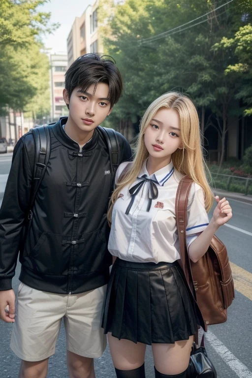 1 girl và 1 chàng trai; Photorealistic, High resolution; 1 girl và 1 chàng trai; (((1 girl: Blonde, Koreans, 18 years old, Brown eyes, wearing a Chinese high school uniform, pretty, cute, cao 1m60, ngực to, short skirt to 1/2 thighs ((super detailed)), wear backpack)); ((1 guy: black hair, Chinese people, 18 years old, Tall, angular face, burly, muscle ((super detailed)), cao 190cm, Handsome, wear backpack, turn sideways, wearing a Chinese high , Take the bike next to the girl))); Scenery on the way to school ((green trees, car, other students)); ((The girl standing next to the boy, Boy hugs girl's waist, Boy kisses girl, chàng trai cười dịu dàng, The girl smiled gently))