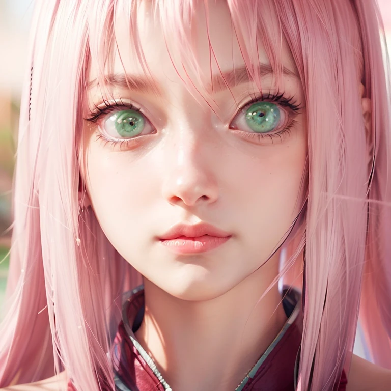 young woman, short shoulder-length pink hair, wide forehead, porcelain skin, pink eyebrows, big emerald green eyes, buttoned nose, full lips, heart-shaped face, slender body, small breasts, red tank top, Sakura Haruno , realistic, realism, details, 3d, well detailed