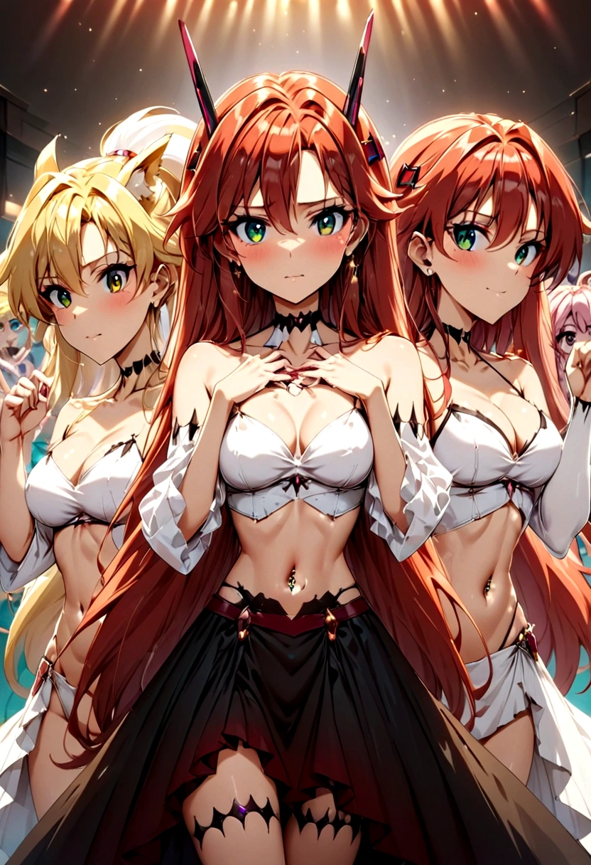 5 girls, harem,Chica anime, anime style, cute hatsune miku x suicune, shy girl , Orejas de Kitsune, arte de dark natasha, autum forest landscape, arte de vixen aztra, cuerpo completo, patas hermosas, cintura delgada, caderas amplias, piernas torneadas, hermosa, foto de cuerpo completo, sensual navel blouse, black skirt, navel piercing, ear piercing, navel tattoo, shy pose, back pose, hands up, black body, beatifull and detailed hands, kimono lingerie