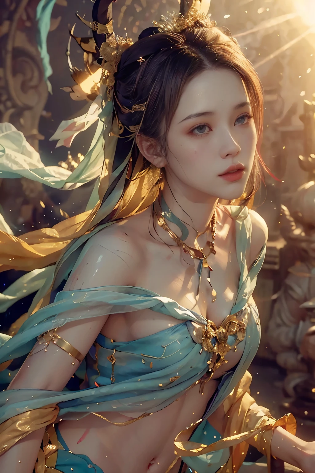 (RAW photo, best quality), (realistic, photo-realistic:1.3),best quality,highly detailed,masterpiece,ultra-detailed,illustration,1girl,upper_body,dynamic angle,world masterpiece theater,messy_long_hair,best quality,extremely detailed CG unity 8k wallpaper,ink,Amazing,cinematic lighting,lens_flare,,dunhuang_style