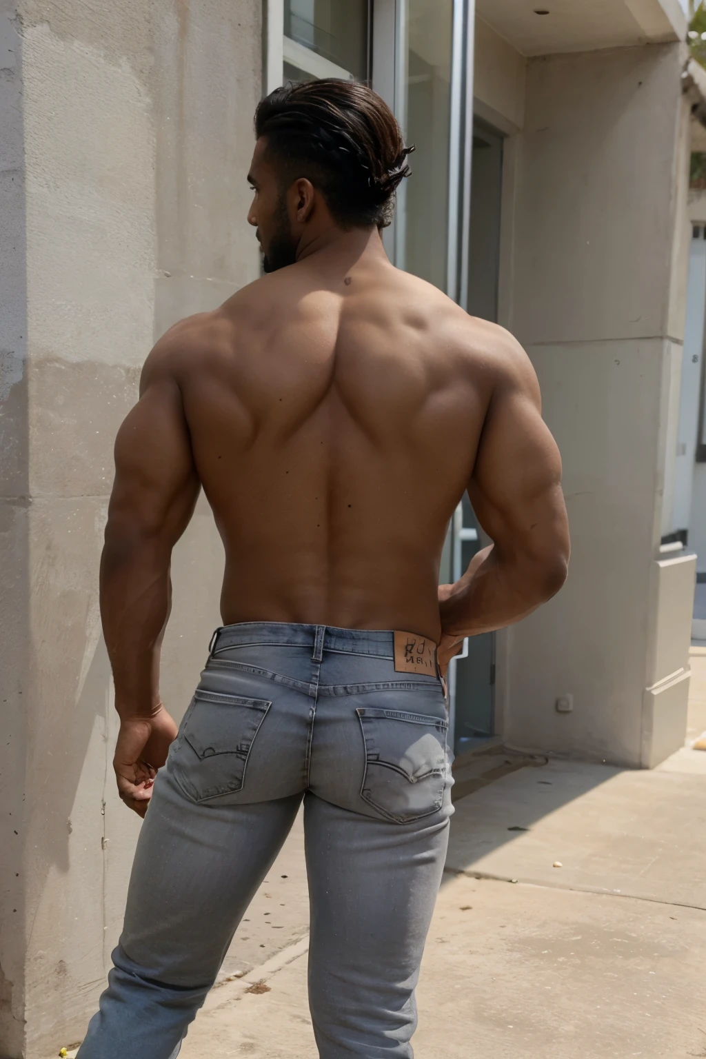 jogador de futebol, homem negro, very handsome, cabelos brancos, muscular, full body, gray jeans (((backside))) bent over 
