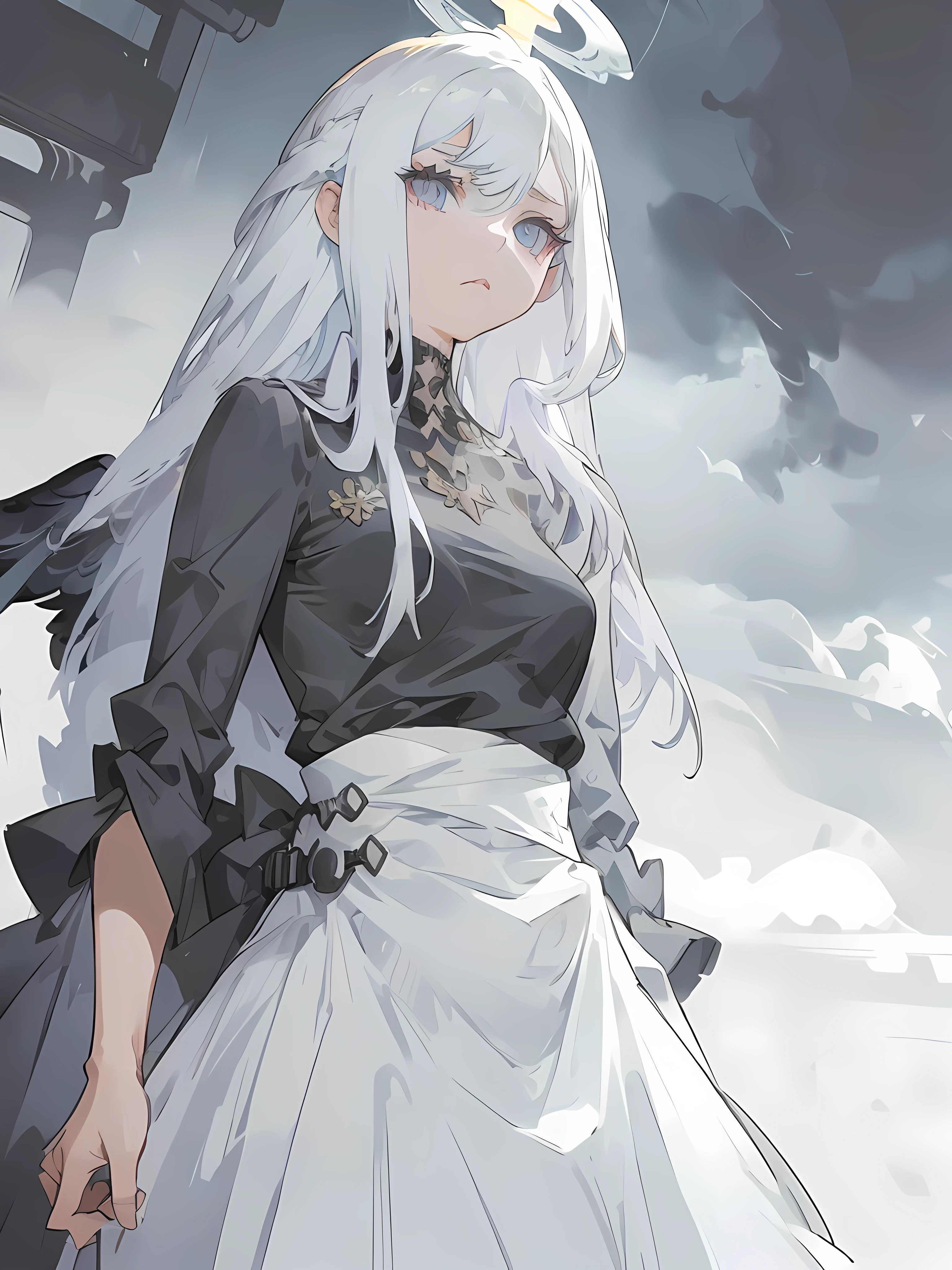 White Hair,White eyelashes,White Eyes,looking at the camera,A simple black long shirt,Realistic clothing drawing,Drawing range is from the waist up,An ennui look,Gazing somewhere far away,Fleeting atmosphere,Her hair is long and straight.,Smoke is shining,Wearing fog,art print,The background looks like it was painted over with black acrylic gouache.,Dark atmosphere,Crumbling angel halo、Her eyes are closing,