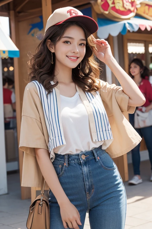highest quality、4K、Perfect Face、Perfect Style、perfect body、Sunburn、beautiful lady、mature、long curly layer brown hair、Swept-back hair、full body, sexy 、charming、healthy、beige baseball cap with a curved、giddy-smile、jeans、stripe shirt、at amusement park、