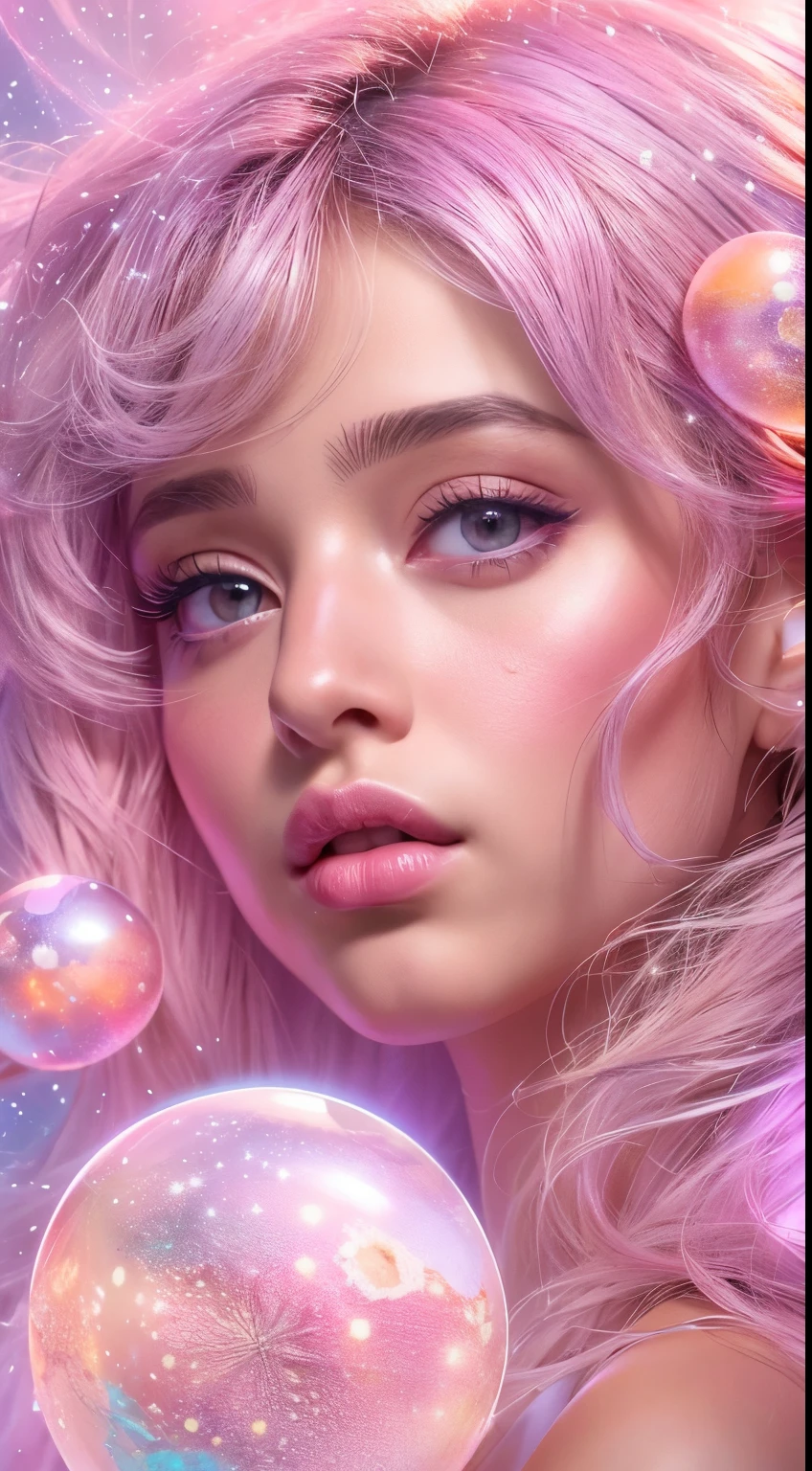 ((masterpiece)). This artwork is sweet, dreamy and ethereal, with soft pink watercolor hues and candy accents. Generate a delicate and demure fae exploring a (bubblegum world with a wide variety of pastel shades). Her sweet face is extremely detailed and realistic with elegant features and a fierce expression, and looks like ((((naomi scott)))). Include mature features and stunning, highly realistic eyes. Her eyes are important and should be realistic, highly detailed, and beautiful. In high definition and detail, include lots of details like stars, galaxies, colorful bubbles, colorful petals, and lots of energy and emotion! The stars and colorful bubblegum bubbles are important! Include fantasy details, enhanced details, iridescence, colorful glittering wind, and pollen. Pay special attention to her face and make sure it is beautifully and realistically detailed. The image should be dreamy and ethereal.8k, intricate, elegant, highly detailed, majestic, digital photography