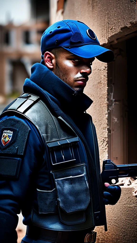 back view, a cool spy wielding a gun, looking back and alert in a dilapidated building, portrait, cowboy shot, highly detailed, cinematic lighting, dramatic shadows, moody atmosphere, realistic, photorealistic, hyperrealistic, 8k, masterpiece, unreal engine, professional photography, sharp focus, extreme detail, vivid colors, dark and gritty, dystopian, cyberpunk, chiaroscuro, dramatic pose, intense expression, tactical gear, gloved hands, rich textures, moody blues and grays, volumetric lighting, depth of field, cinematic framing