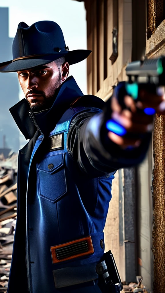 back view, a cool spy wielding a gun, looking back and alert in a dilapidated building, portrait, cowboy shot, highly detailed, cinematic lighting, dramatic shadows, moody atmosphere, realistic, photorealistic, hyperrealistic, 8k, masterpiece, unreal engine, professional photography, sharp focus, extreme detail, vivid colors, dark and gritty, dystopian, cyberpunk, chiaroscuro, dramatic pose, intense expression, tactical gear, gloved hands, rich textures, moody blues and grays, volumetric lighting, depth of field, cinematic framing