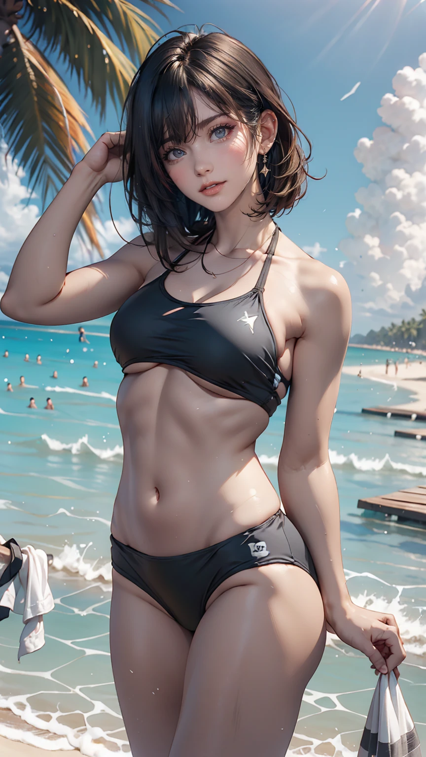 Two women、Tropical sandy beach、One in a black bikini、One of them is wearing a tankini swimsuit.、Selfie、fun、One of them has a short bob、One has long hair、smile